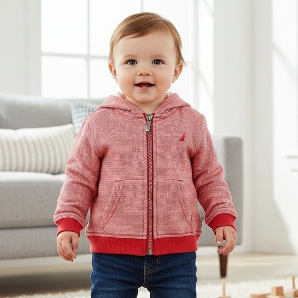 NWT Nautica Baby Boys 18M Red Rogue Stripe Full Zip Hoodie Jacket Logo
